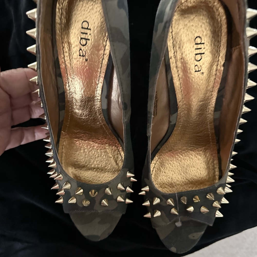 Diba Gold-Insole Camouflage Peep-Toe Heels with Gold Spikes